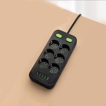 Подовжувач на 2500w з юсб на 6 розетки чорний 2м black socket 6 фото